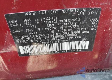 2015 Subaru Outback 2.5I Limited from USA, damaged, VIN 4S4BSBJC0F3263504